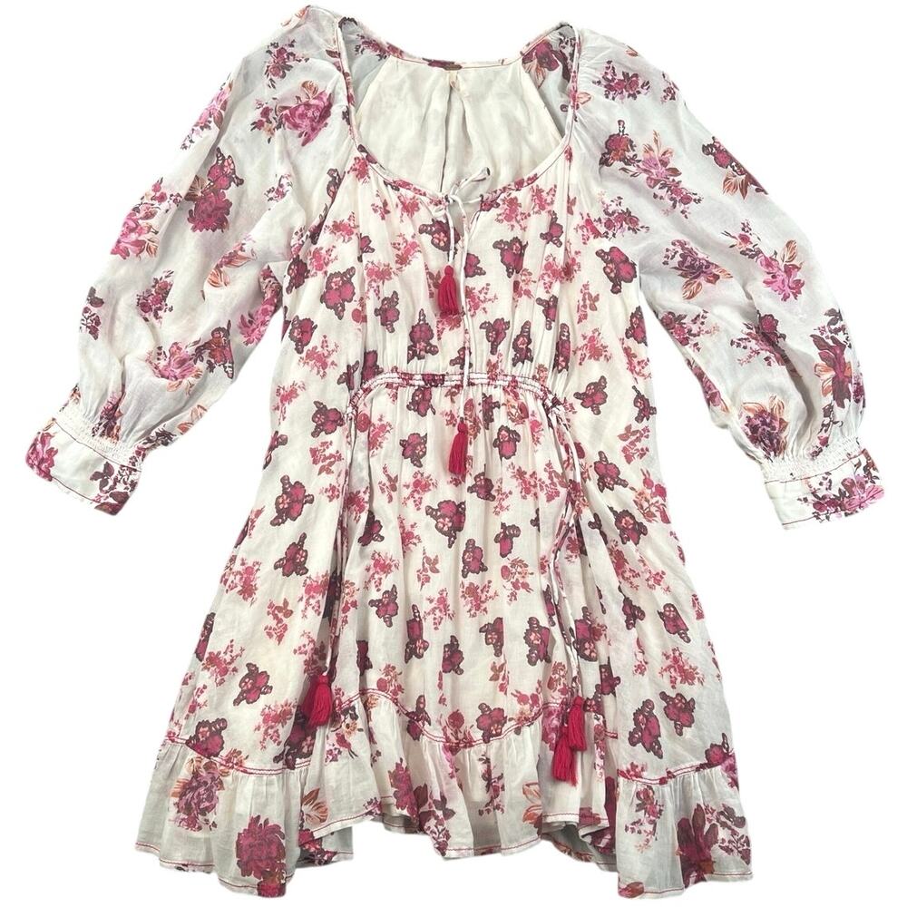 Free People Camella Mini Dress Womens M Ivory Pink Floral Tassel Boho